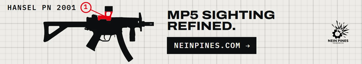 Hansel MP5 optics mount (PN 2001) on an MP5K, by Nein Pines Research: MP5 sighting refined. neinpines.com
